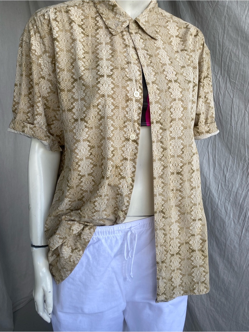 Geoffrey Beene Beige Patterned Short-Sleeve Button-Down 100% Washable Silk Shirt